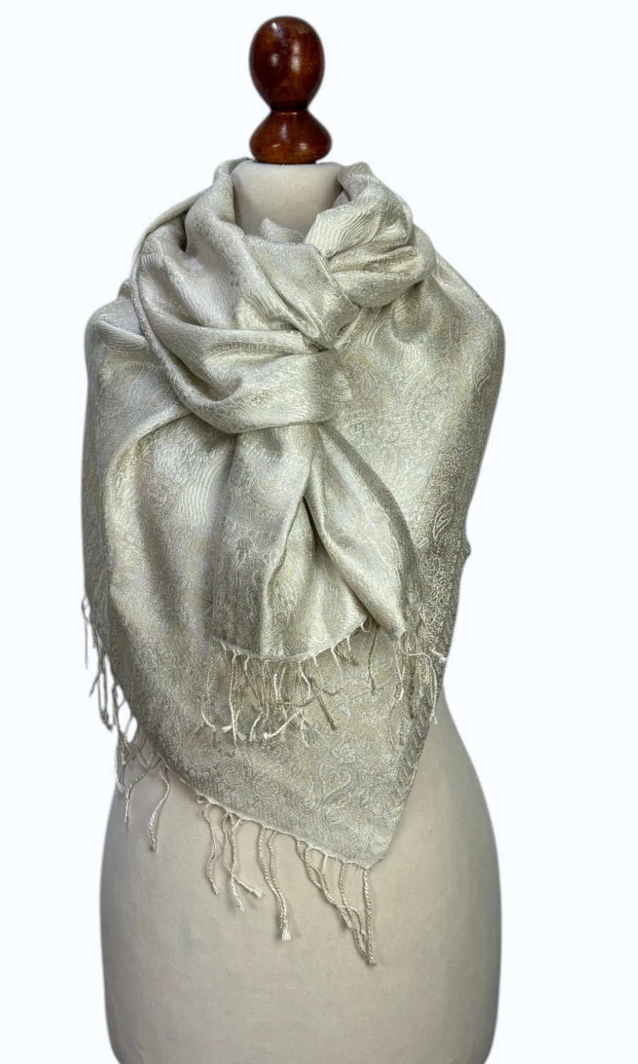 Beige-Silberner großer Paisley-Seidenschal für Damen – Mohini