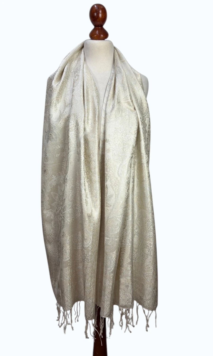 Beige-Silberner großer Paisley-Seidenschal für Damen – Mohini