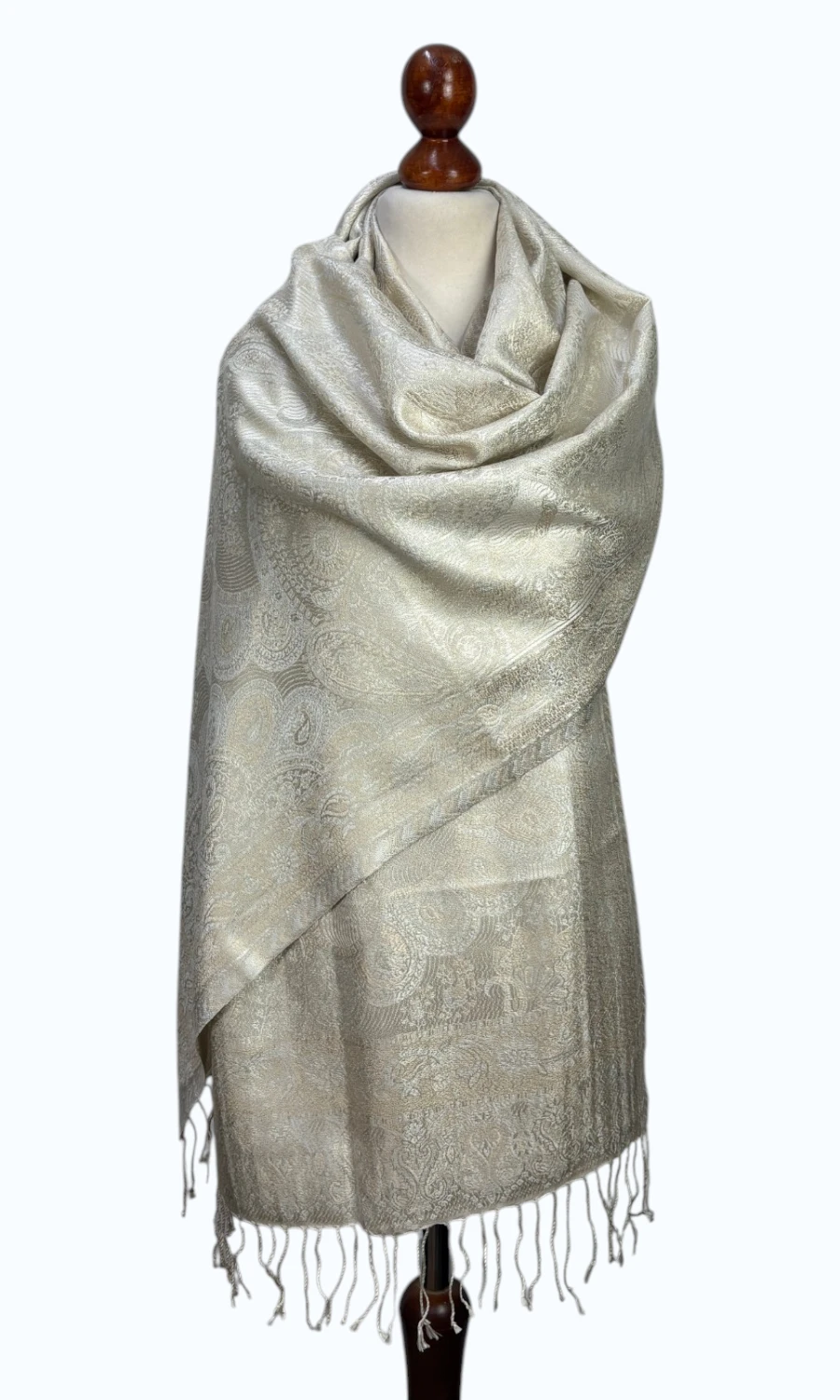 Beige-Silberner großer Paisley-Seidenschal für Damen – Mohini