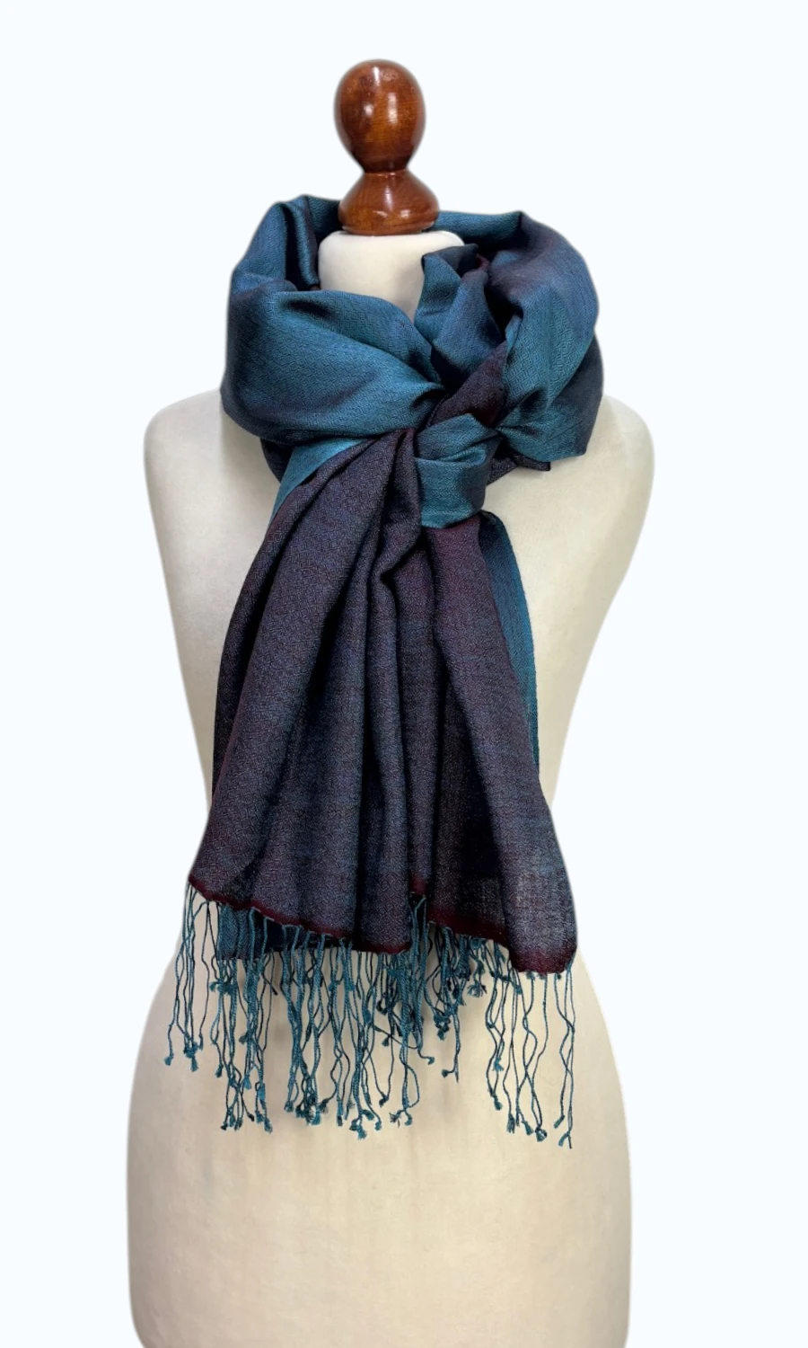 Blau-Brauner Kaschmir-Seide-Schal groß für Damen – Mohini