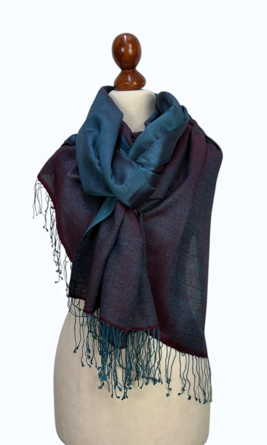 Blau-Brauner Kaschmir-Seide-Schal groß für Damen – Mohini